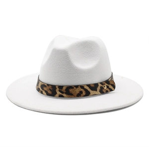 White wool fedora hat with flat brim and leopard print band featuring golden studs