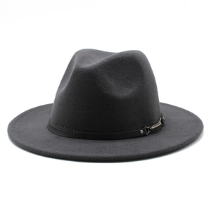Detail of dark gray wool fedora featuring a slim black leather band and silver buckle