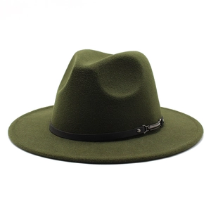 Detail of army green wool fedora hat with flat brim and black leather decorative band