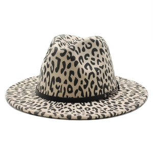 Classic leopard print wool fedora hat with black leather band and metal buckle detail
