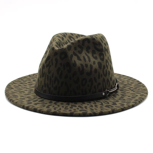 Olive green leopard print wool fedora hat with black leather strap and metal buckle