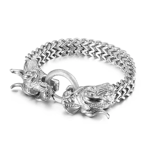 Silver stainless steel dragon head bracelet with detailed scale links and ring clasp