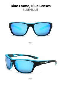 Front and side view of blue sports cycling sunglasses with polarized mirror lenses