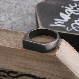 Detailed view of men's matte brushed geometric square ring in vintage gunmetal finish
