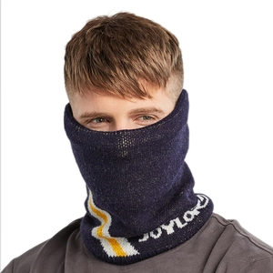 Winter navy knit neck gaiter with contrast stripes and branding for outdoor warmth