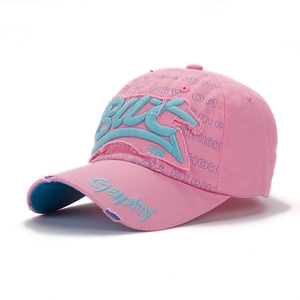 Detail of pink baseball cap with 3D GLLC embroidery and distressed brim texture