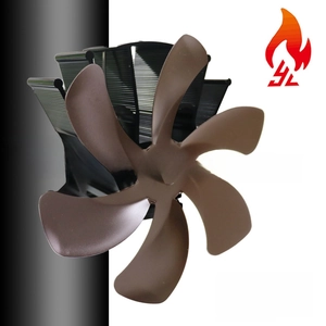 Detail of 5-blade heat powered stove fan with black cooling fins and metal clamp