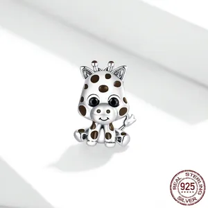 Cute S925 sterling silver giraffe charm with brown enamel spots for DIY jewelry