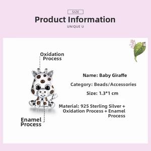 Detailed view of S925 sterling silver baby giraffe charm with size 1.3x1cm and enamel details