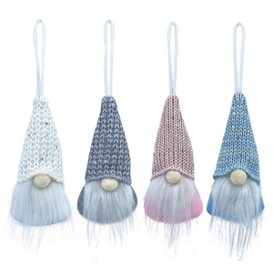 Set of four colorful handmade Christmas gnomes with sequins and knitted hats hanging ornaments
