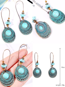 Detail view of Bohemian turquoise earrings with vintage metal textures and measurements