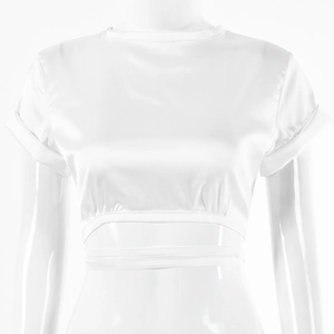 Close-up of white satin short sleeve crop top with waist lace-up detail on mannequin