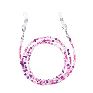 Close-up of colorful beaded chain with silver lobster clasps and white silicone loops