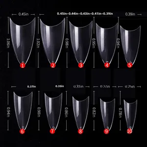 Size chart showing 10 sizes of clear French almond nail tips in inches and millimeters