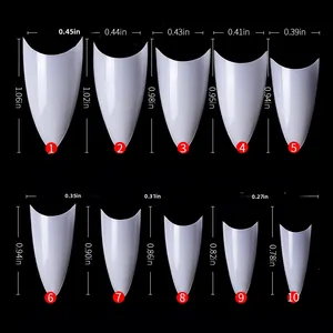 Size chart showing 10 sizes of pointed French nail tips in inches with black background
