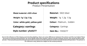 Specifications chart for S925 sterling silver geometric earrings in gold and silver finish