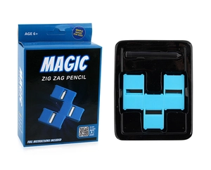 Detail view of Zig Zag Pencil magic trick toy set for kids with blue accessories and pencil