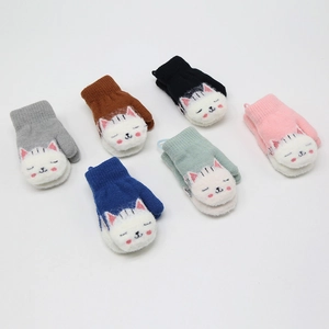 Toddler thermal fleece mittens with cute cat face design in various colors for kids