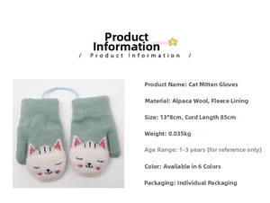 Detail view of alpaca fleece toddler mittens with plush lining and cat design