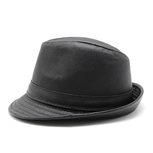 Classic black PU leather fedora hat with pebbled texture and stylish curved brim