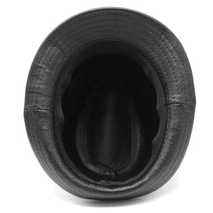 Detail of PU leather fedora interior showing sweatband and stitching quality
