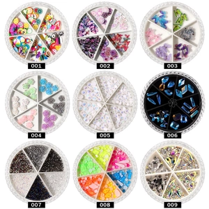 9-piece set of 6-grid nail art storage boxes with mixed rhinestones, butterflies and charms