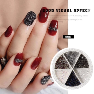Detailed view of model nails and 6-slot wheel case with assorted rhinestones for nail art