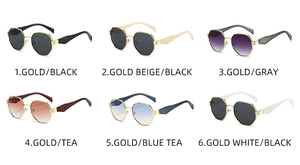 Detailed grid of six polygon metal sunglasses with various gradient lens colors