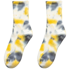 Tie-dye crew socks in yellow and gray patterns for casual street style and sports wear