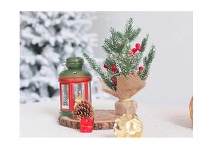 Mini sapin de Noël avec baies rouges sur tranche de bois avec lanterne et coffret cadeau