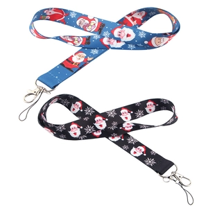 Christmas themed polyester lanyards in blue and black with metal lobster clasps