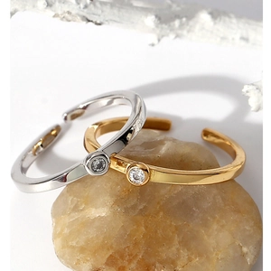 Minimalist gold and silver adjustable open rings with sparkling cubic zirconia stones
