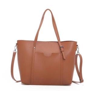 Classic dark brown PU leather tote bag with top handles and adjustable shoulder strap