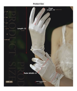 Detailed size chart for elegant white bridal satin gloves with pearl accent