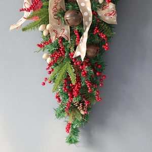 60cm Christmas teardrop swag with pine needles, red berries and vintage bells decor