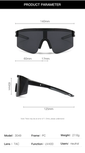 Detailed size specifications for UV400 polarized sports sunglasses with PC frame dimensions