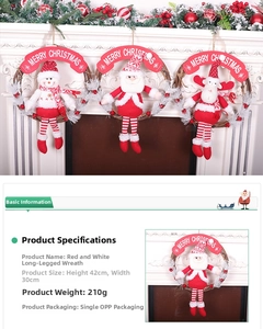 Detail showing red and white plush Christmas wreaths with Merry Christmas lettering