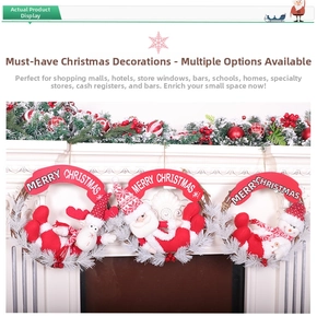 Detail showing plush Santa, Snowman, and Reindeer Christmas wreaths hanging on a mantel