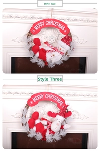 Detail of Christmas wreath with plush snowman and reindeer on natural vine base