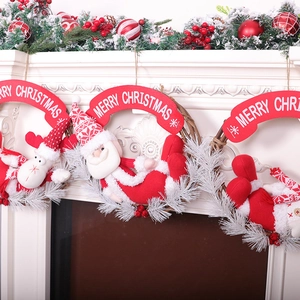 Christmas wreath set with Santa, elk, and snowman dolls on rattan rings for holiday door decor