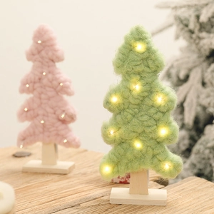 Handcrafted knitted Christmas tree desktop decor with warm LED lights and wooden base
