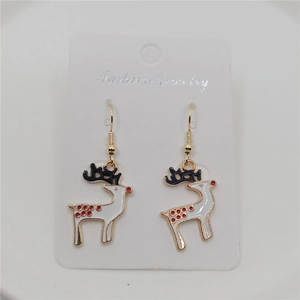 Close-up of reindeer Christmas earrings with white enamel and golden hooks