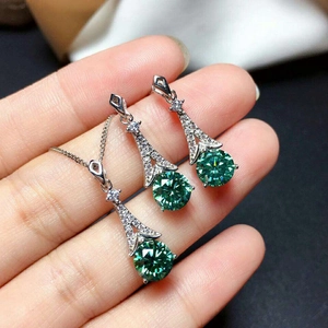 Close-up of green moissanite jewelry set with necklace pendant and matching earrings