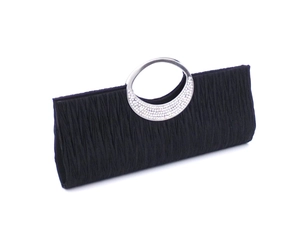 Detail of black pleated satin evening bag featuring a silver rhinestone-encrusted metal handle