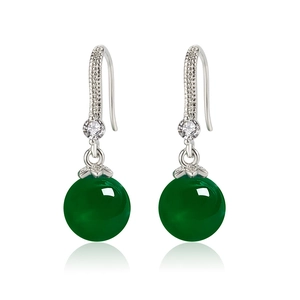 Ethnic silver hook earrings with green agate beads and clear cubic zirconia stones