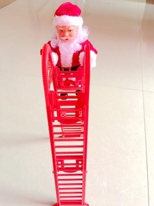 Top-down view of climbing Santa Claus on red ladder indoor tile floor decoration