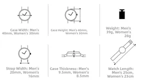 Tableau des tailles détaillé pour montres de couple avec boîtier et poids spécifiés