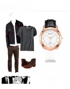 Détail d'une montre à quartz avec bracelet en cuir assortie à une veste en jean décontractée