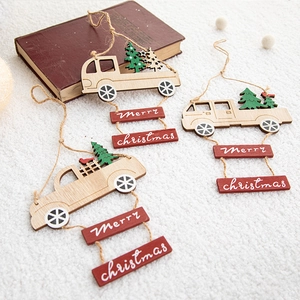 Three-piece wooden vintage Christmas truck ornaments with Merry Christmas signs on white fur