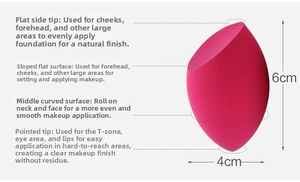 Detailed view of pink makeup sponge showing dimensions 6x4cm and faceted application areas